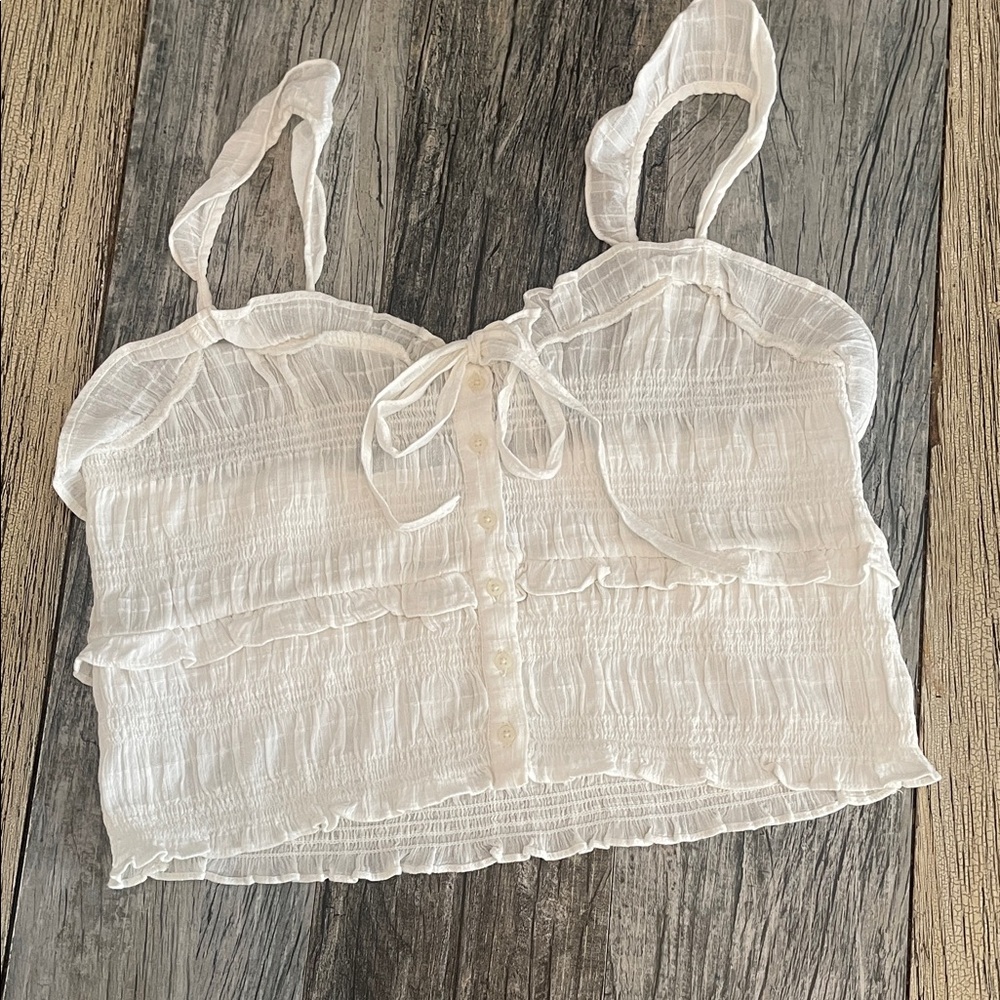 American Eagle Outfitters White Ruffle Button-Front Crop Cami